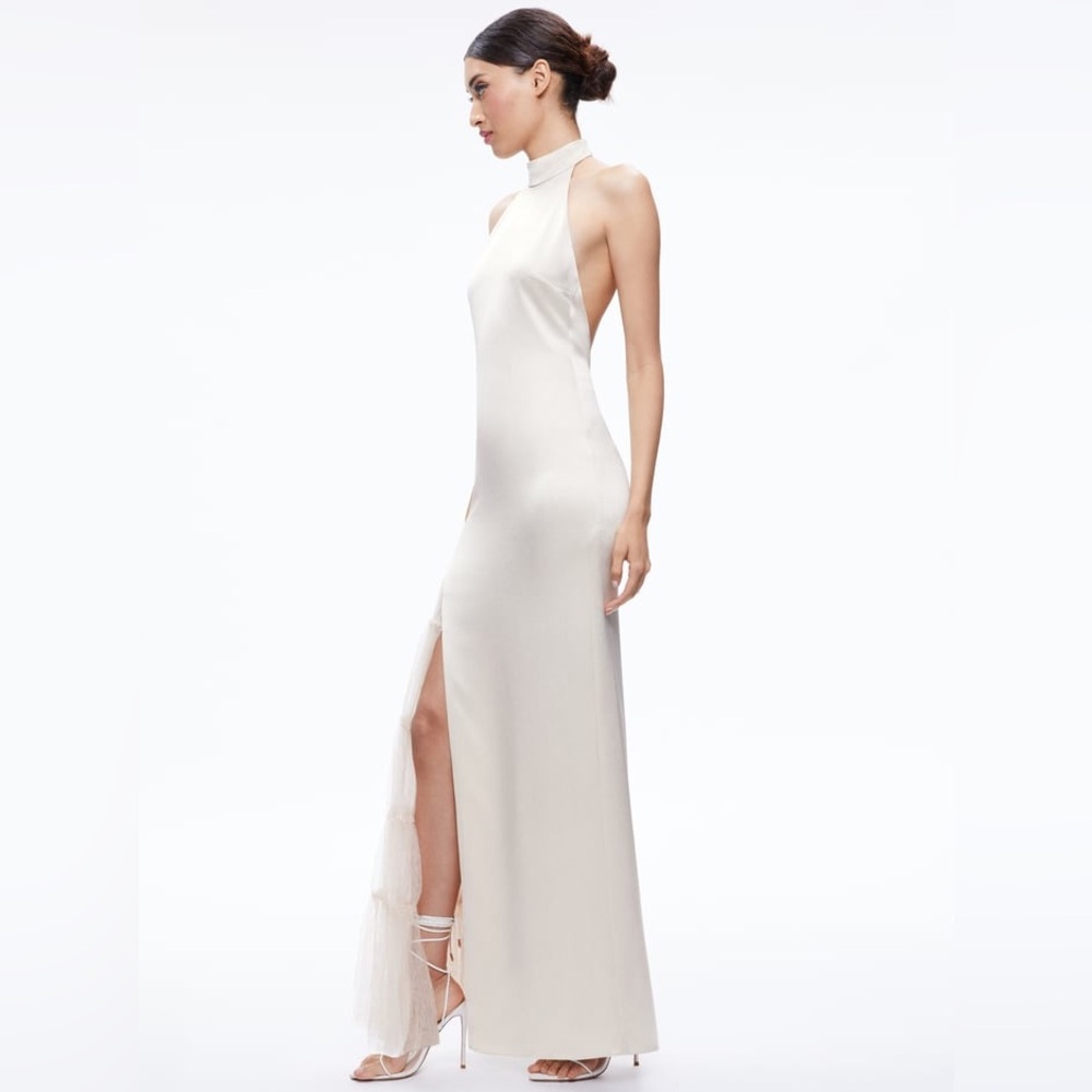 Alice + Olivia Ryn Ivory Open Back Tulle Slit Maxi Gown - Picture 3 of 8